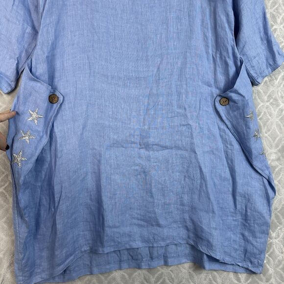 Couleur Lin Linen Midi Dress 10/12 Large IT46 Blue Asymmetrical Lagenlook Artsy - Picture 3 of 9